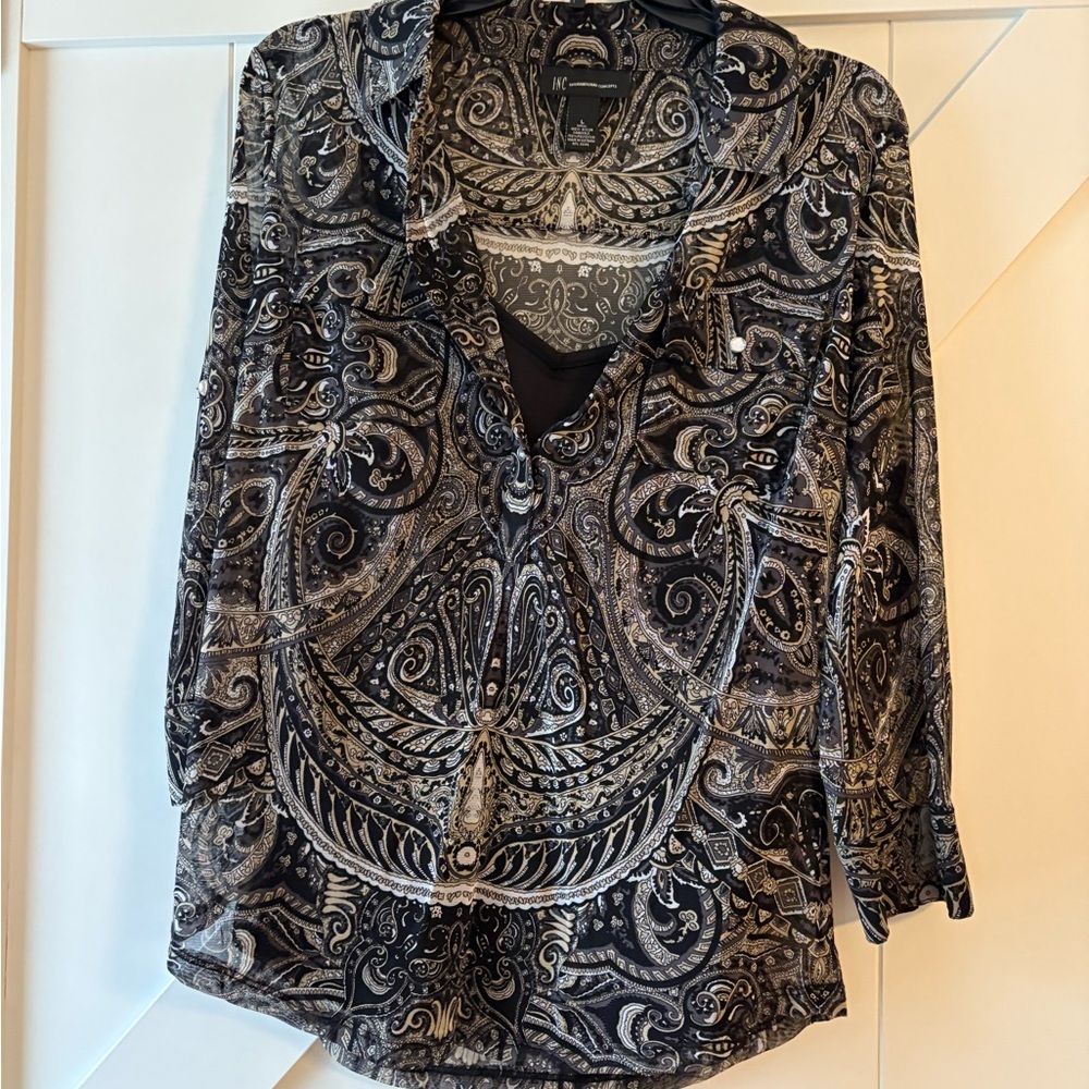 INC International Concepts Black and Gray Swirl Blouse